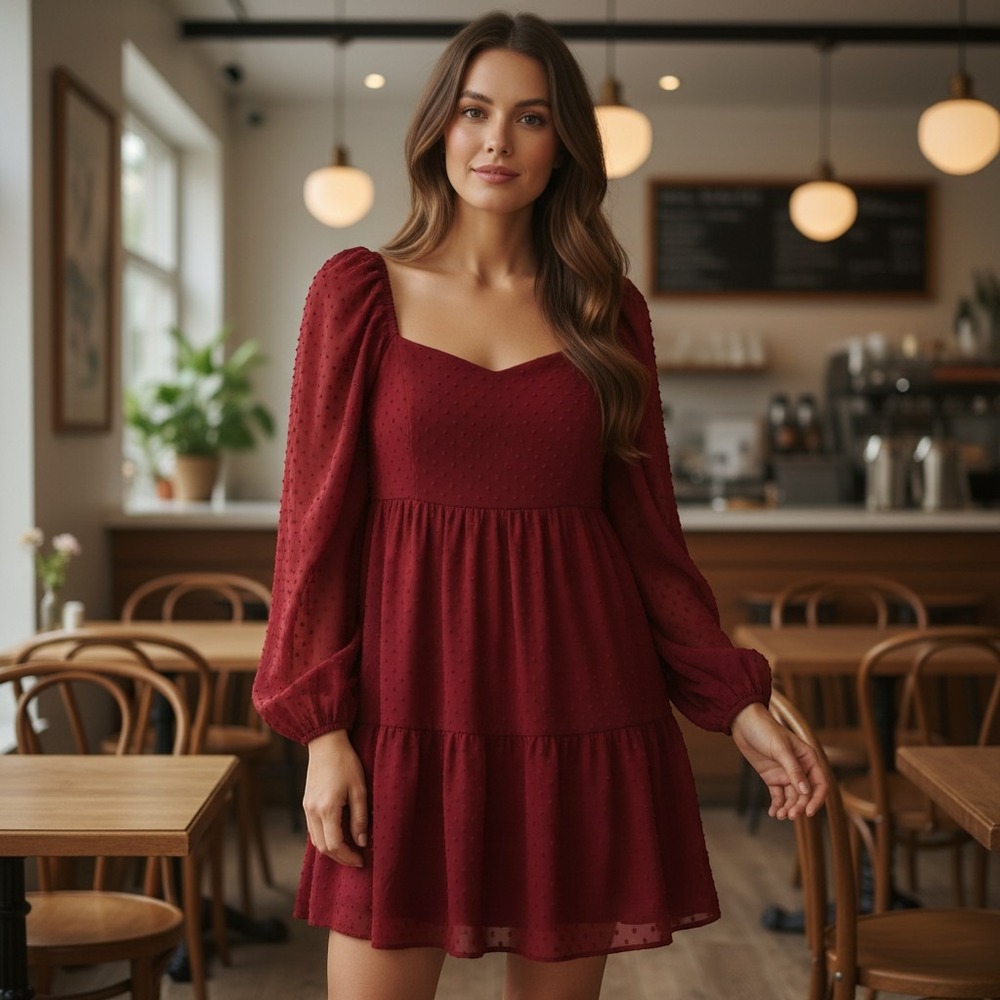Altar'd‎ State Serophina Dress Garnet Red Clip Dot Chiffon Mini Size L NWT
